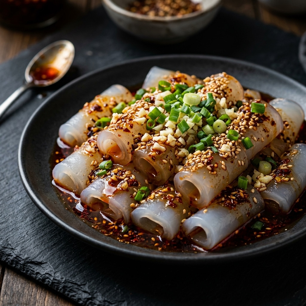 Macro photography of Tibetan Laphing noodles with chilli oil